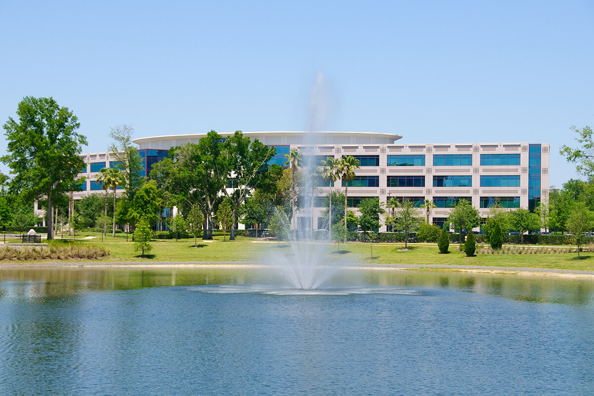 Pond fountain at commercial building