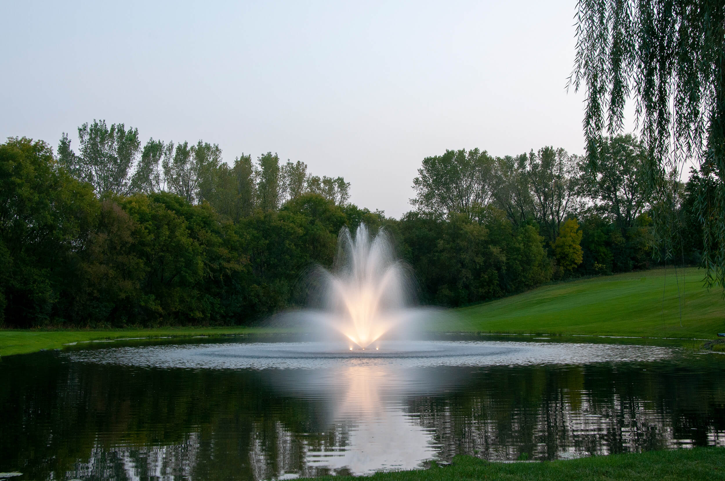 Pond fountain with lights