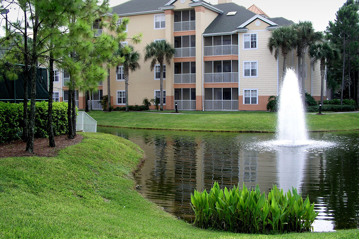 Residential community pond with fountain